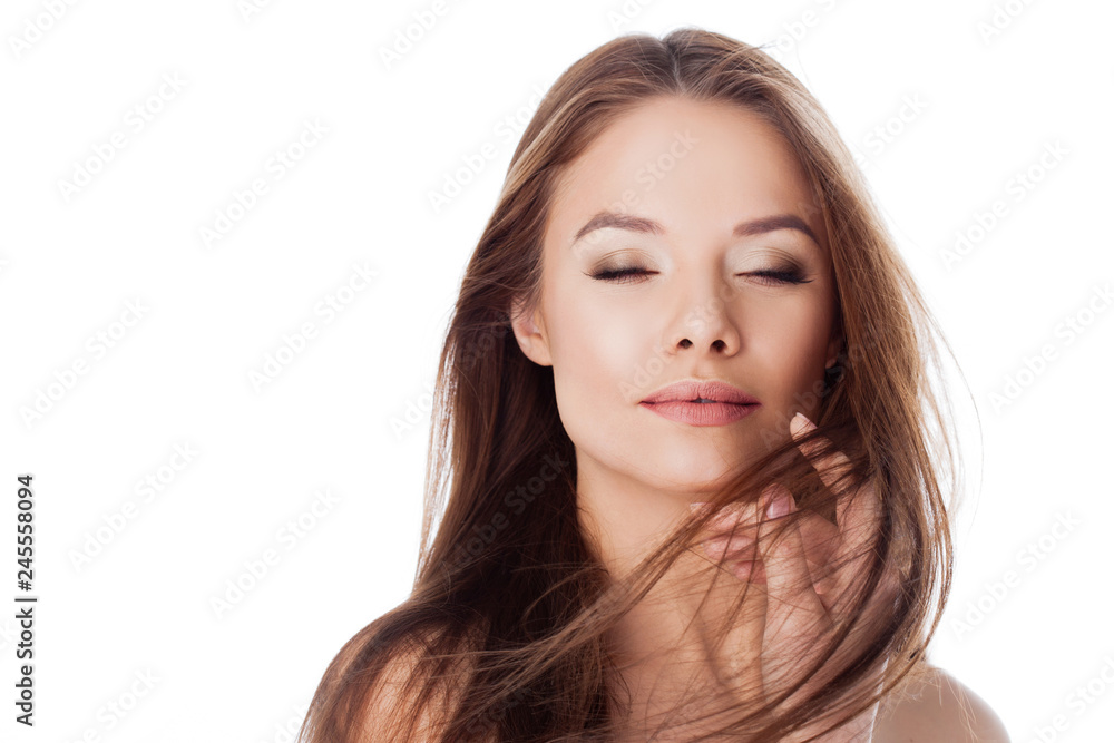 Happy smiling girl with light long hair. Portrait of a young attractive brunette Happy smiling girl with light long hair. Portrait of a young attractive brunette