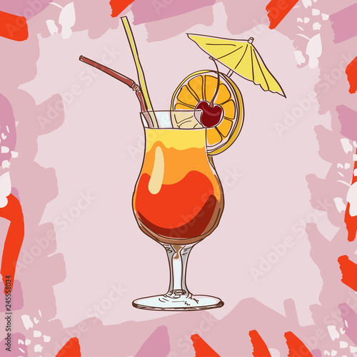 Tequila sunrise cocktail. Alcoholic bar drink hand drawn vector. Pop art