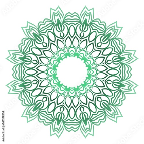 Fototapeta Naklejka Na Ścianę i Meble -  Green color Ornamental Circle Pattern. Hand Draw Mandala. Vintage Decorative Elements. Vector Illustration. Anti-Stress Therapy Pattern.
