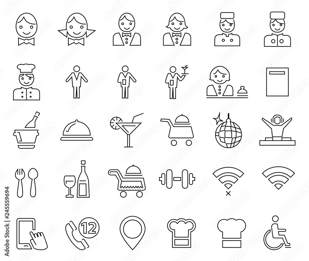 Simple linear icons of restaurant and cafe items Simple linear icons of restaurant and cafe items