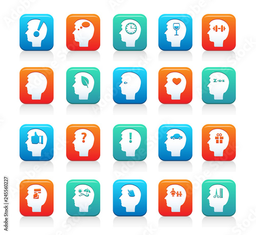 set of head icons on colored buttons