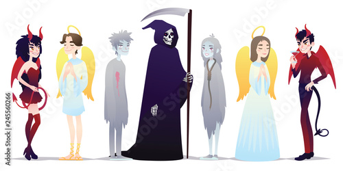 Halloween characters in cartoon style. Vector illustration of group of young people dressed up for Halloween masquerade party on white background. Angels and Deamons, Death and Chosts. Costumes.