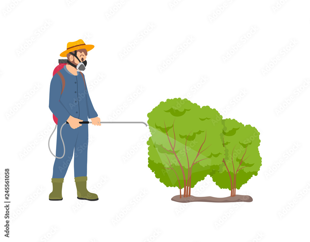 Farmer spraying bushes isolated icon vector. Protective measurements, pulverizing process against insects on leaves of plants. Chemical liquid in tank Farmer spraying bushes isolated icon vector. Protective measurements, pulverizing process against insects on leaves of plants. Chemical liquid in tank
