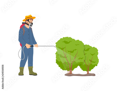 Farmer spraying bushes isolated icon vector. Protective measurements, pulverizing process against insects on leaves of plants. Chemical liquid in tank