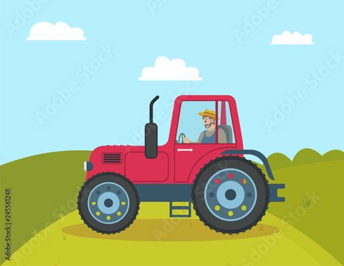 Tractor agricultural vehicle, man driving machine on field. Cultivation of land, farmland with hill and bushes. Farming male farmer win car vector