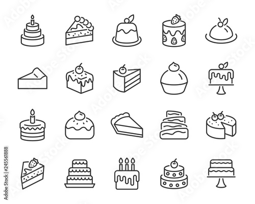Fototapete set of bakery icons, such as cake, doughnut,  bread, cheese, pie, tart