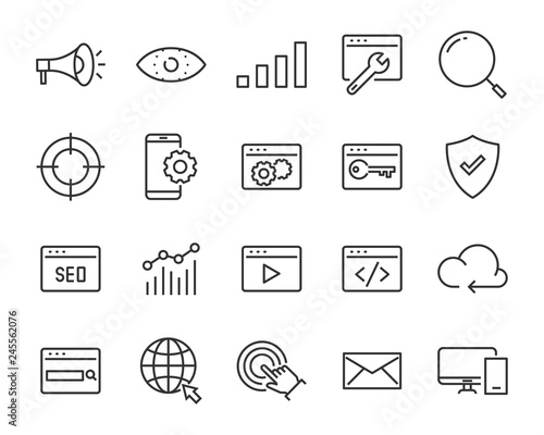 set of website icons, such as web, browser, network, seo, cloud