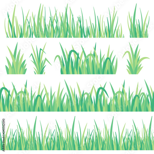 Green grass. Field herb, fresh garden meadow tuft turf and grass seamless banner isolated vector set