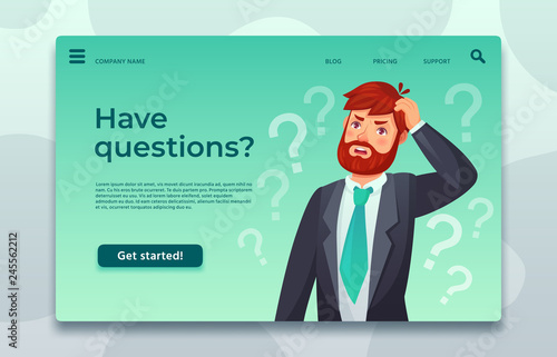 Online support landing page. Have questions web page, male asking question and help difficult decide vector template illustration