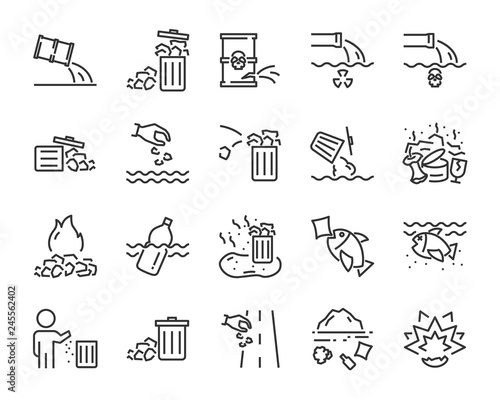 set of waste icons, such as, pollution, dirty, bin, plastic, industry waste