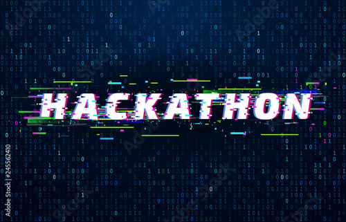 Hackathon background. Hack marathon coding event, glitch poster and saturated binary data code flux vector background illustration