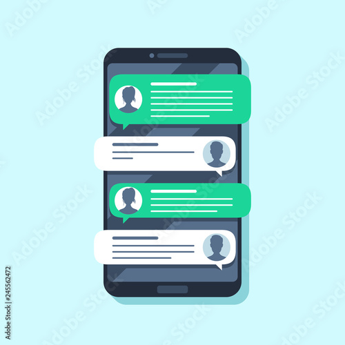 Mobile sms notifications. Hand texting message on smartphone, people chatting. Conversion flat vector illustration