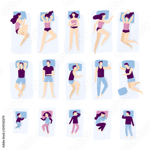 People sleeping poses. Adult and child sleep pose. Man on pillow, woman and young kids sleeping in bed isolated vector illustration