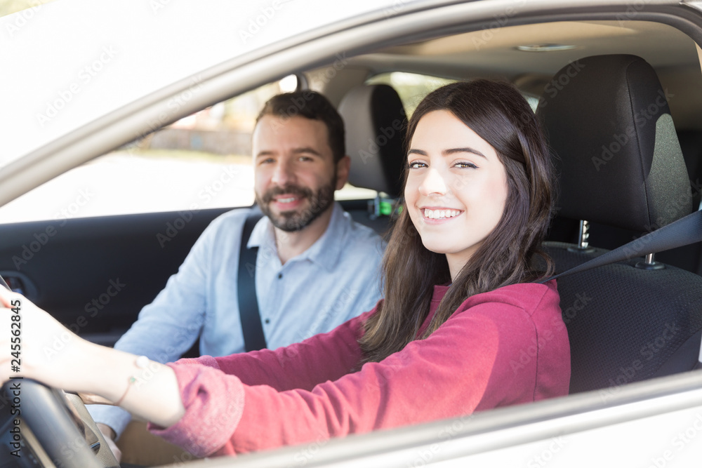 Smiling Woman Enjoying Car Ride With Man Smiling Woman Enjoying Car Ride With Man