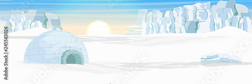 Igloo. Icehouse. Ice dwelling of the Eskimos. Snow covered plain. Glacier. Arctic and Antarctic. Realistic vector landscape.