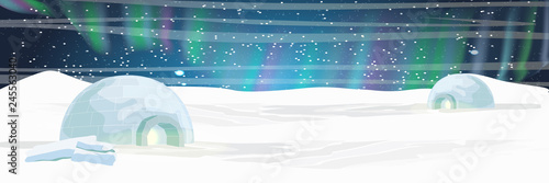 Ice house igloo. Settlement Eskimos. Far North. Northern lights over the snow-covered plain. Night starry sky. Realistic vector landscape