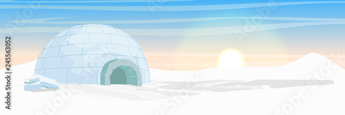 Igloo. Icehouse. Ice dwelling of the Eskimos. Snow covered plain. Arctic and Antarctic. Realistic vector landscape. © AnnstasAg
