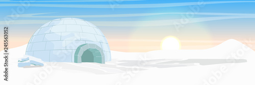 Igloo. Icehouse. Ice dwelling of the Eskimos. Snow covered plain. Arctic and Antarctic. Realistic vector landscape.