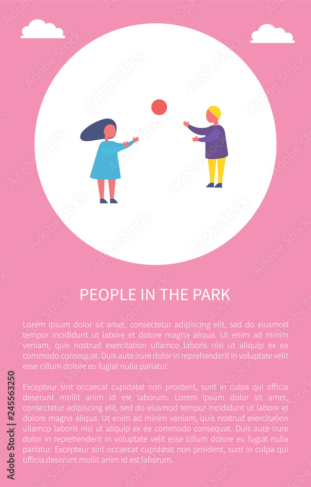 People in park poster two children playing with ball. Boy and girl spend time outdoors, vector su,,er sport activities, banner circle and place for text People in park poster two children playing with ball. Boy and girl spend time outdoors, vector su,,er sport activities, banner circle and place for text