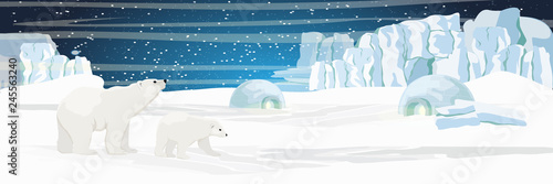 White bear and her cub walks near the igloo ice house. Settlement Eskimos. Animals of Russia, Canada, USA, Scandinavia and Iceland. North. Realistic vector landscape