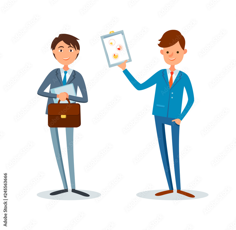 Man showing clipboard page with pie diagram and charts vector. Person coworker with briefcase. Analyst holding presentation sheet with data about projects