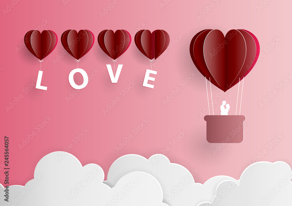 valentine day love card Valentine's day balloon heart on abstract background with text i love you and young joyful,clouds,paper cut mini heart. Vector illustration.