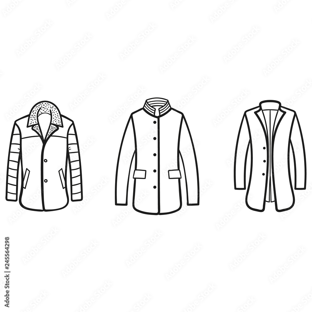 Set of winter coats outlined icons in white background Set of winter coats outlined icons in white background