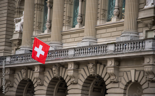 Obraz na plátně Swiss flag in the Bundeshaus. Government building.