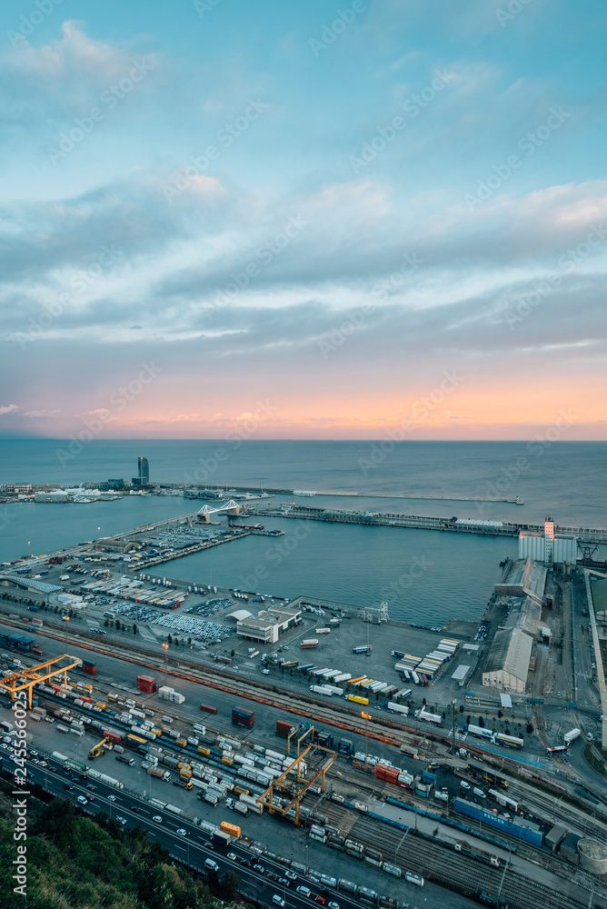 Sunset view of the Port of Barcelona, from Montjuic Castle, in Barcelona, Spain