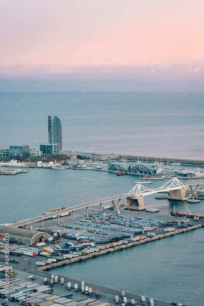 Sunset view of the Port of Barcelona, from Montjuic Castle, in Barcelona, Spain