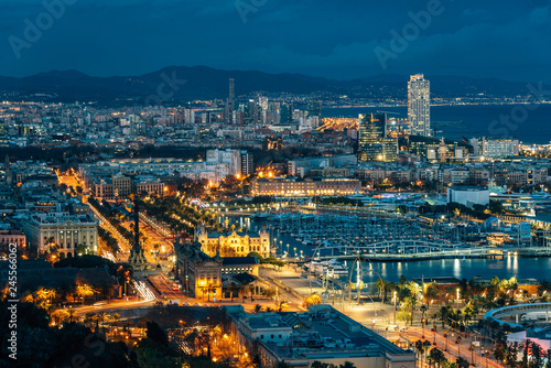 Night cityscape view of Barcelona from Jardins del Mirador, on Montjuïc Hill, in Barcelona, Spain © jonbilous