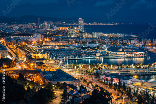 Night cityscape view of Barcelona from Jardins del Mirador, on Montjuïc Hill, in Barcelona, Spain © jonbilous