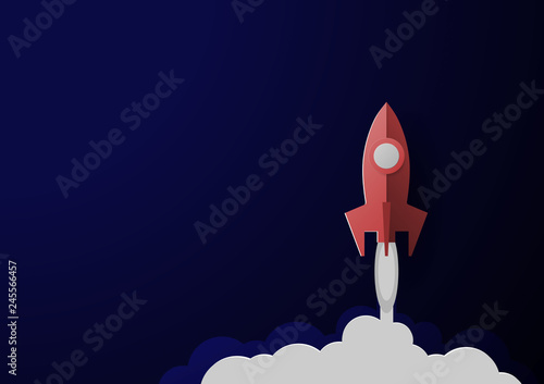 Fototapeta Naklejka Na Ścianę i Meble -  Rocket Paper Art red Vector and illustration flying rocket.Space travel to the moon.Space rocket launch.Project start up Solar System and text space