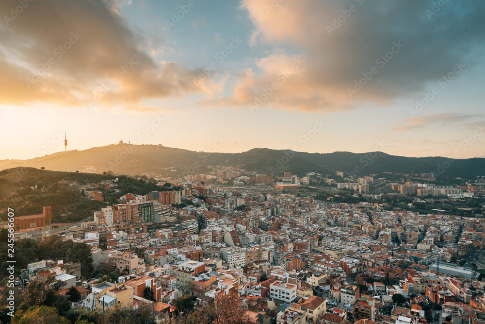 Sunset view from Bunkers del Carmel (Colina de la Rovira), in Barcelona, Spain