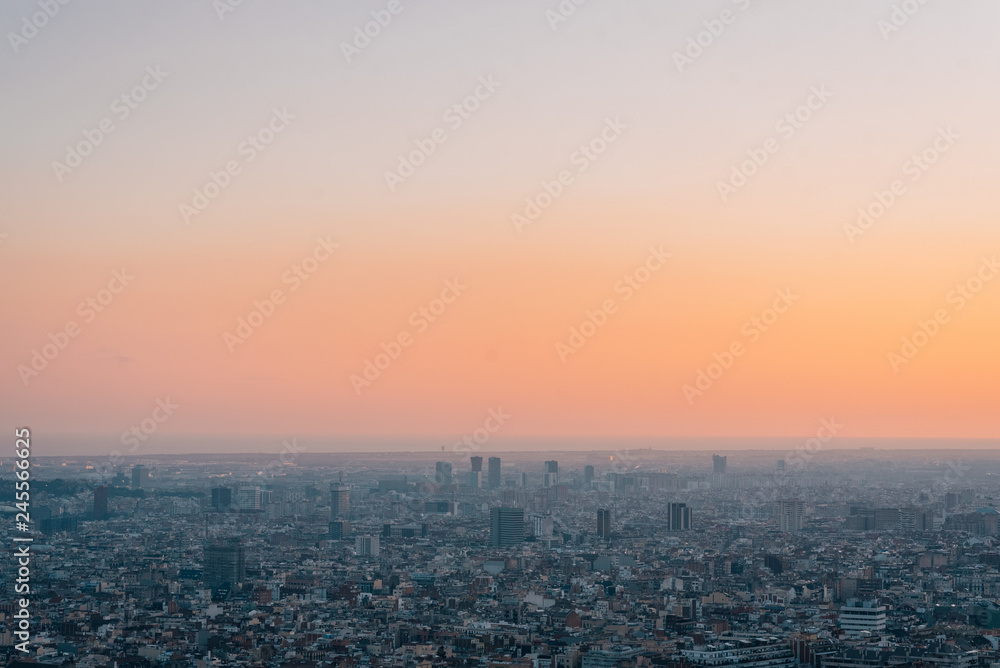 Sunset view from Bunkers del Carmel (Colina de la Rovira), in Barcelona, Spain