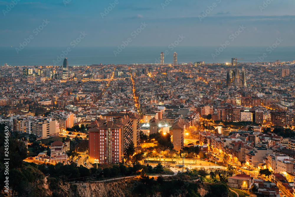 Night cityscape view from Bunkers del Carmel (Colina de la Rovira), in Barcelona, Spain
