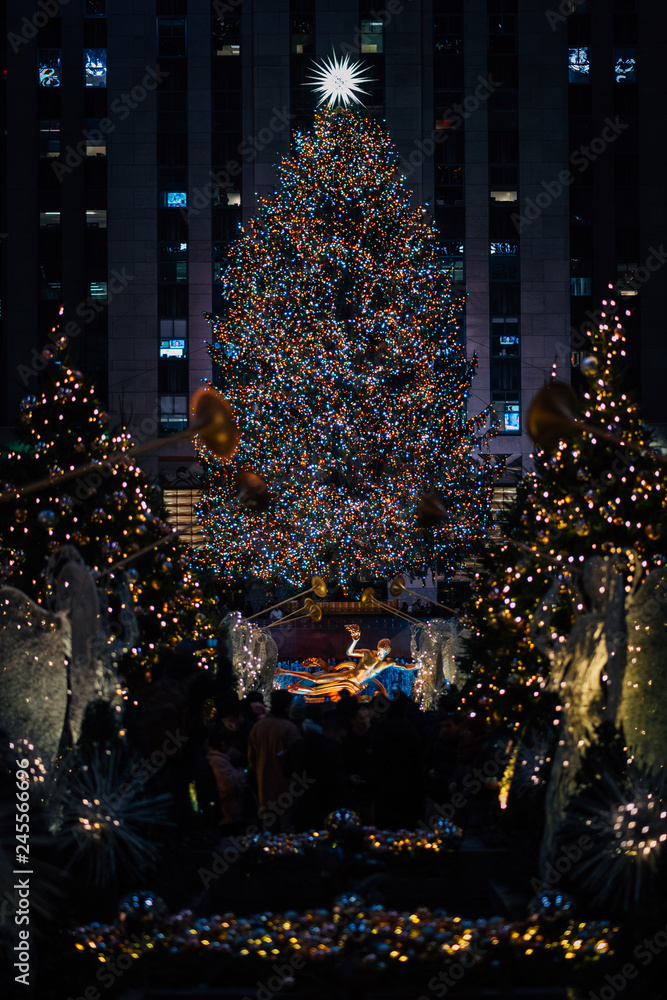 Christmas tree at Rockefeller Center at night, in Midtown Manhattan, New York City