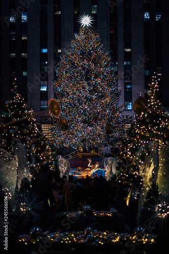 Christmas tree at Rockefeller Center at night, in Midtown Manhattan, New York City