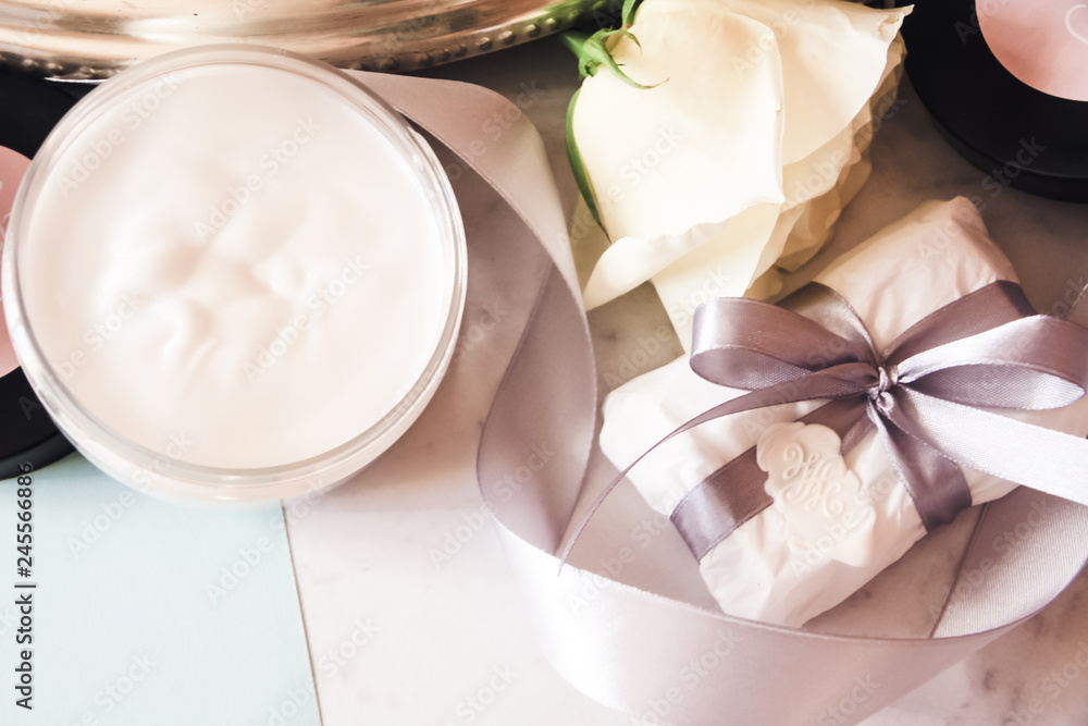cosmetics, rose, sea salt, coconut oil, gray ribbon, white wax, gift with bow