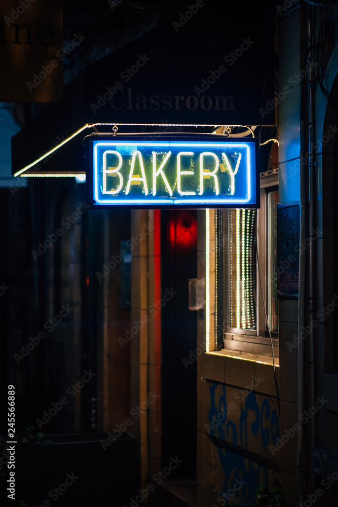 Bakery neon sign, in the East Village, Manhattan, New York City
