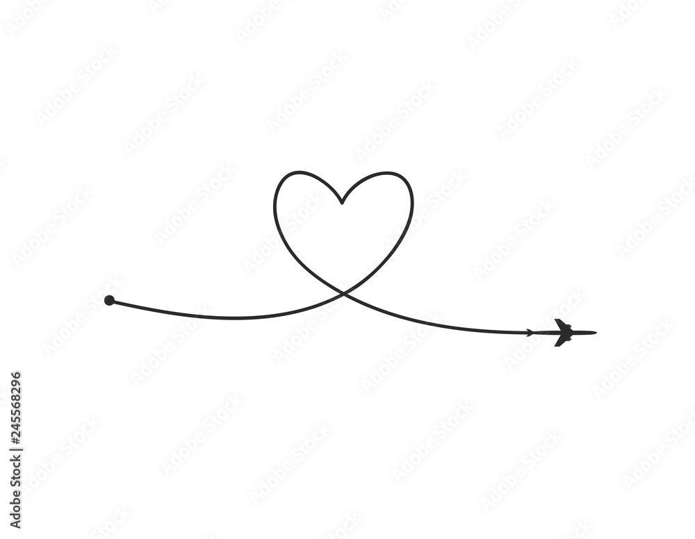 Plane and its track in the shape of a heart on white background. Vector illustration. Aircraft flight path and its route