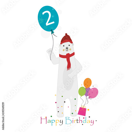 Polar bear holding balloon. Two. Second. Happy birthday greeting card