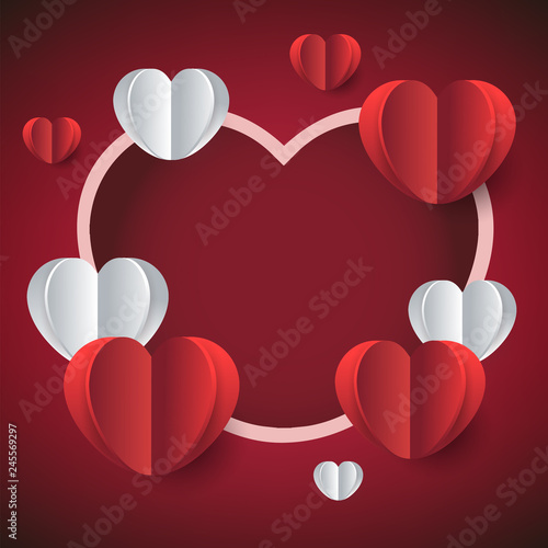 Valentines day red frame background with hearts. Vector illustration..