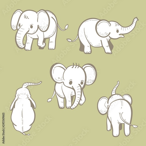 set of hand drawn cute elephants.
