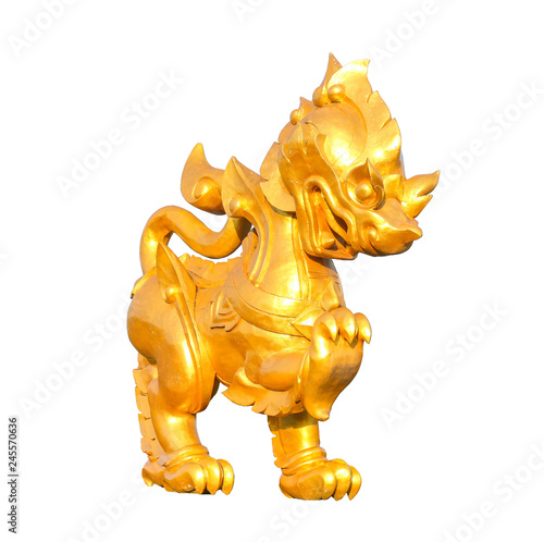 Golden Thai lion statue isolated on white background