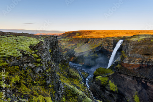 Dramatic landscape of Haifoss Waterfall in Landmannalaugar canyon  Iceland. Iceland at sunrise.