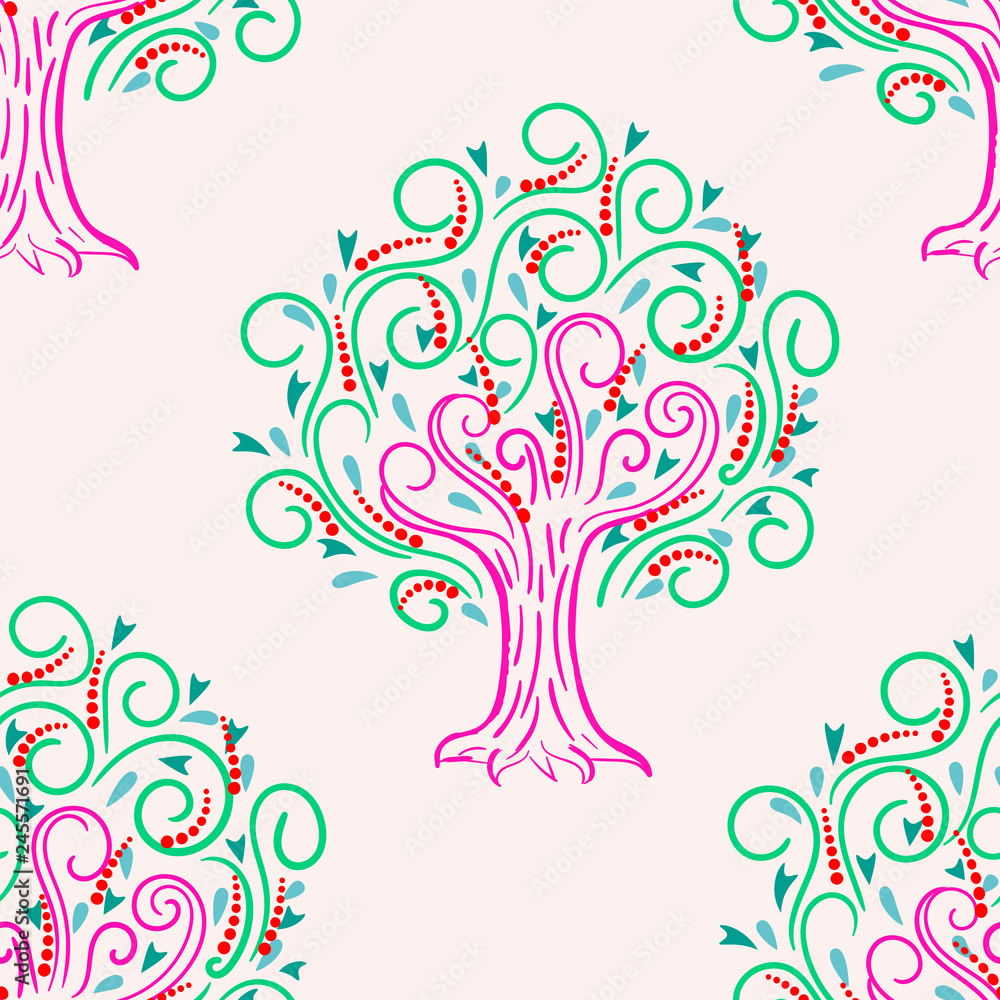Abstract seamless pattern with cartoon curly apple tree, background. Vector illustration. Abstract seamless pattern with cartoon curly apple tree, background. Vector illustration.