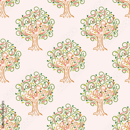 Abstract seamless pattern with cartoon curly apple tree, background. Vector illustration.  