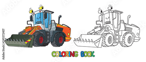 Funny constuction tractor with eyes. Coloring book