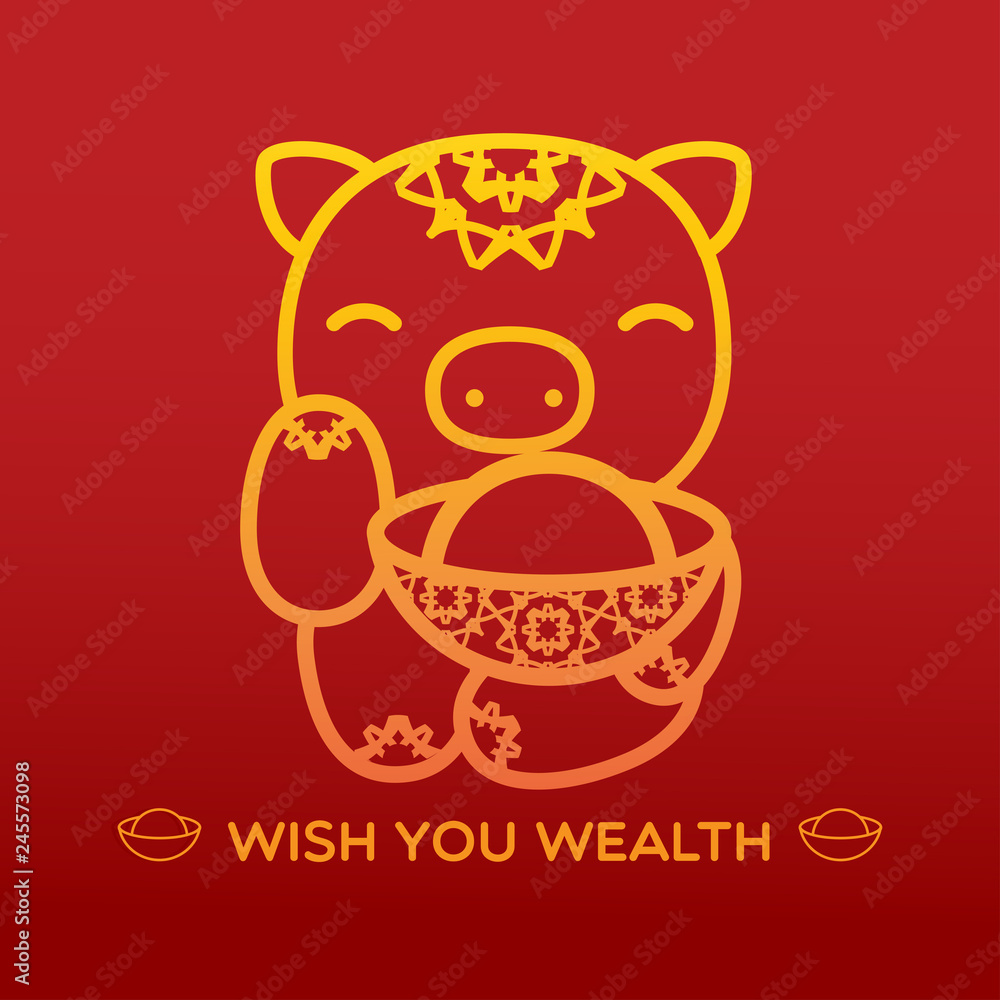 PIGGY WITH WEALTH
Lovely pig costume with jewelry wishing you wealth on the red background with gold bar  for Lunar Chinese new year.